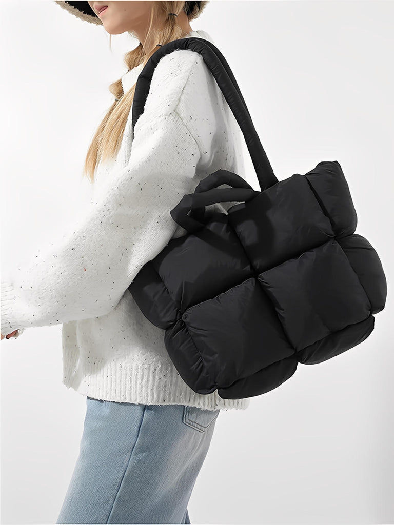 Sac à main matelassé oversize, sac cabas doudoune, fourré léger, sac épaule mode, sac shopping rembourré, modèle Solann - Sac à main - Noir