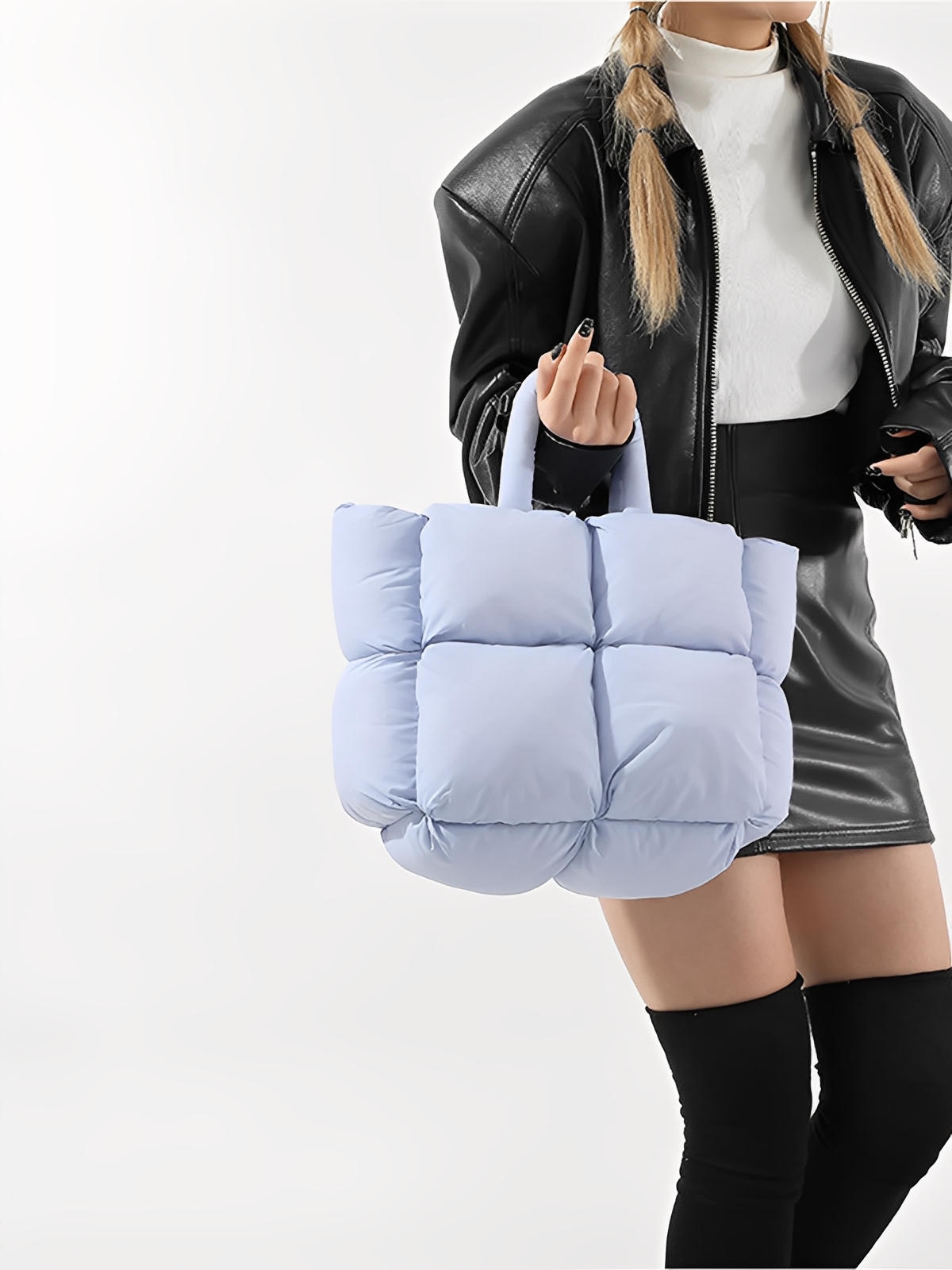 Sac à main matelassé oversize, sac cabas doudoune, fourré léger, sac épaule mode, sac shopping rembourré, modèle Solann - Sac à main - Bleu clair