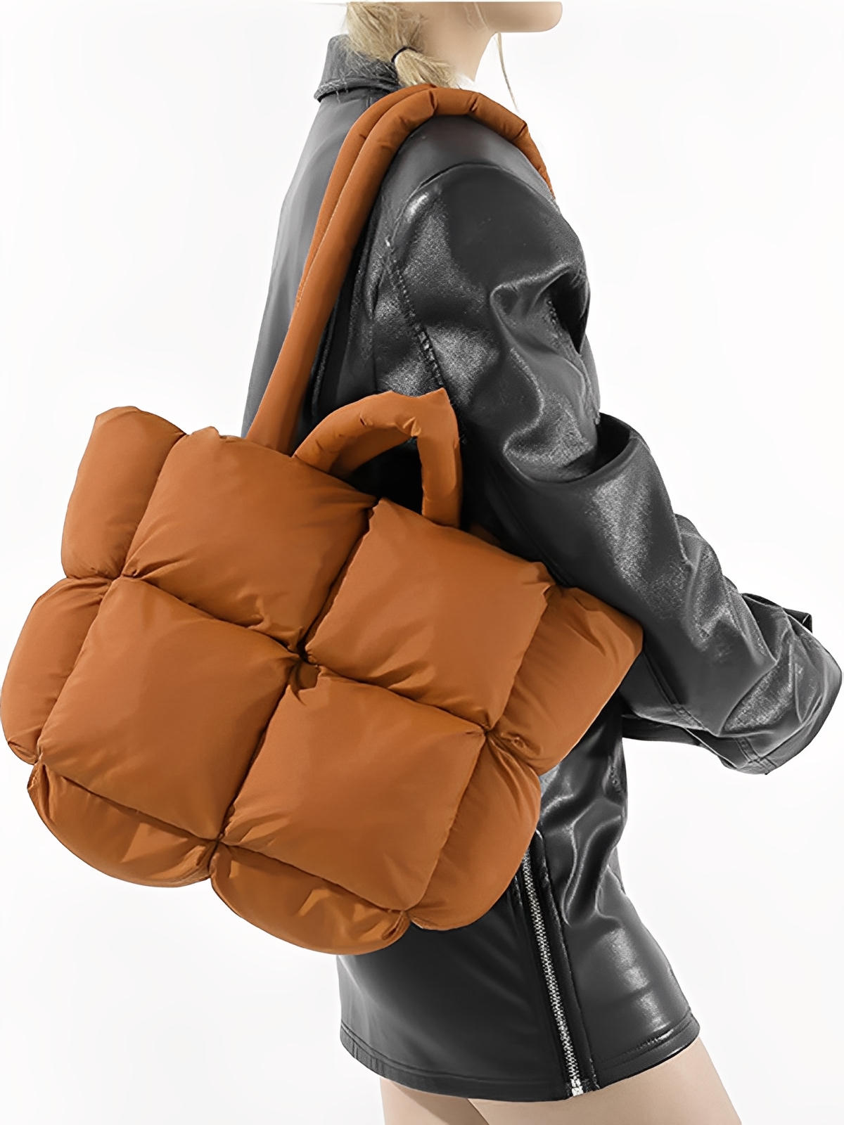 Sac à main matelassé oversize, sac cabas doudoune, fourré léger, sac épaule mode, sac shopping rembourré, modèle Solann - Sac à main - Camel