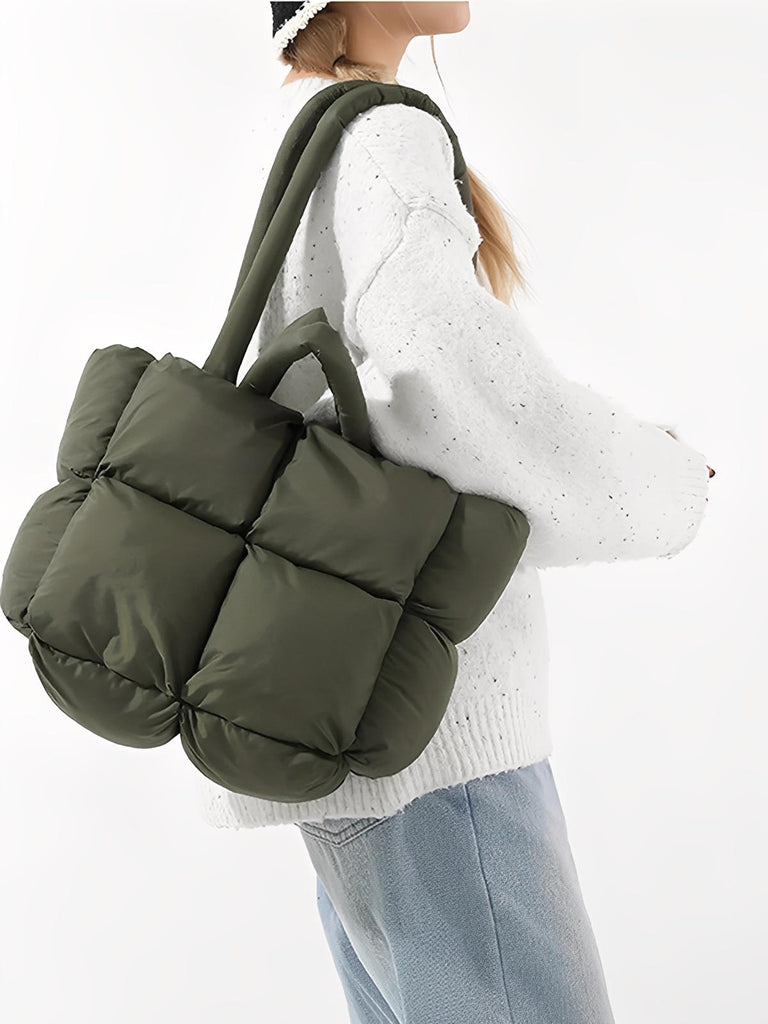 Sac à main matelassé oversize, sac cabas doudoune, fourré léger, sac épaule mode, sac shopping rembourré, modèle Solann - Sac à main - Kaki