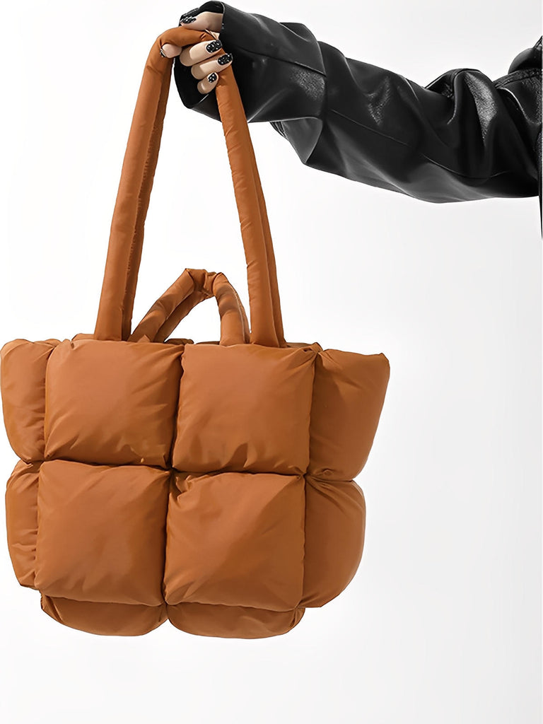 Sac à main matelassé oversize, sac cabas doudoune, fourré léger, sac épaule mode, sac shopping rembourré, modèle Solann - Sac à main - Camel