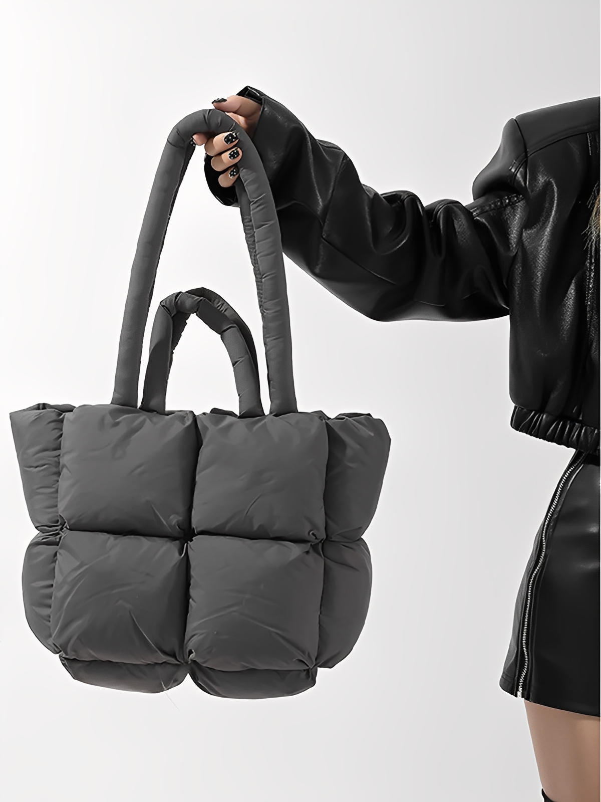 Sac à main matelassé oversize, sac cabas doudoune, fourré léger, sac épaule mode, sac shopping rembourré, modèle Solann - Sac à main - Gris