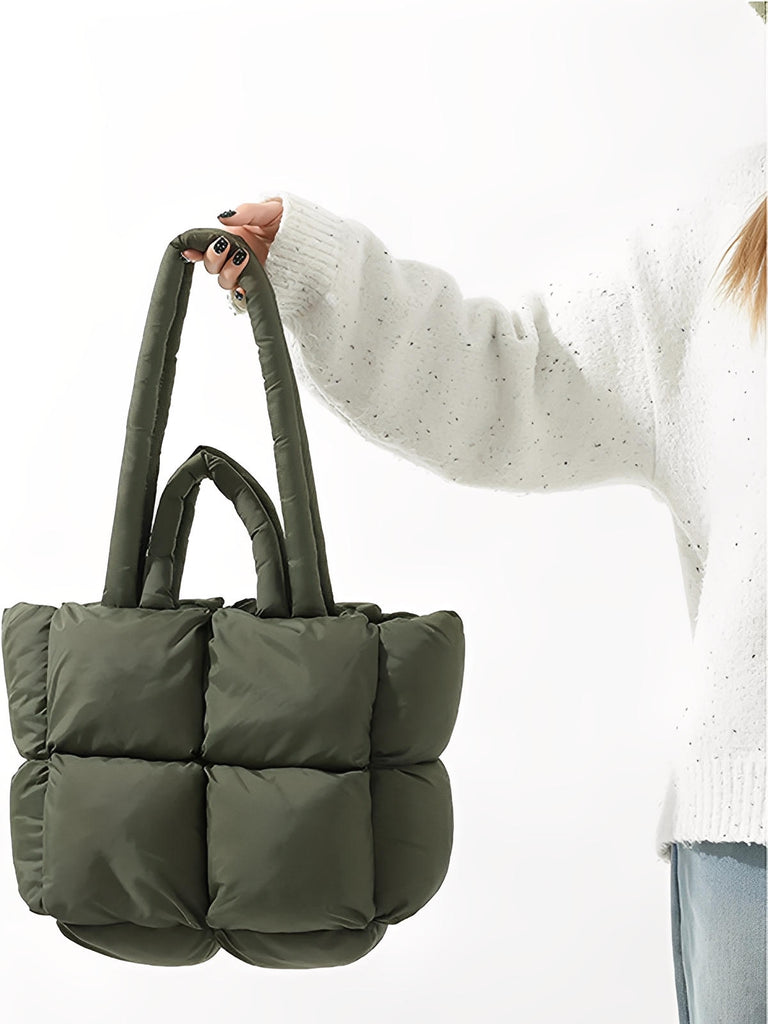 Sac à main matelassé oversize, sac cabas doudoune, fourré léger, sac épaule mode, sac shopping rembourré, modèle Solann - Sac à main - Kaki