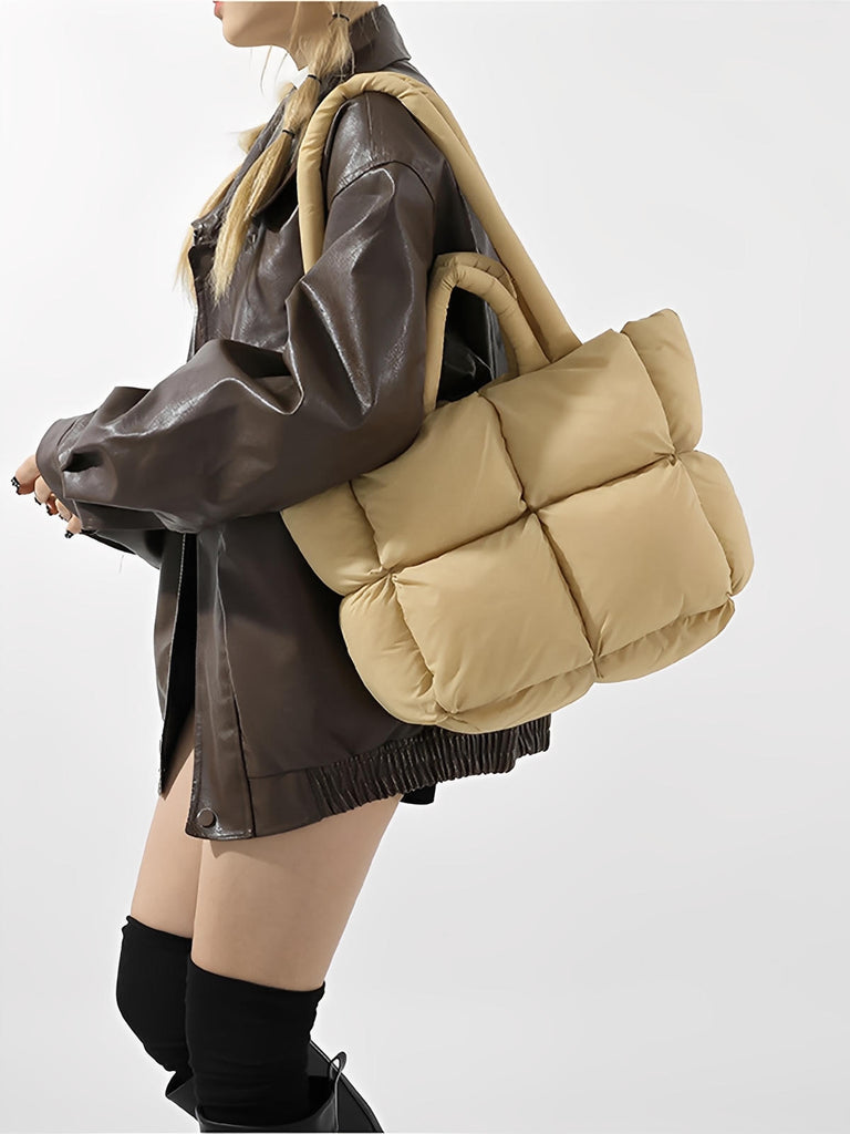 Sac à main matelassé oversize, sac cabas doudoune, fourré léger, sac épaule mode, sac shopping rembourré, modèle Solann - Sac à main - Beige