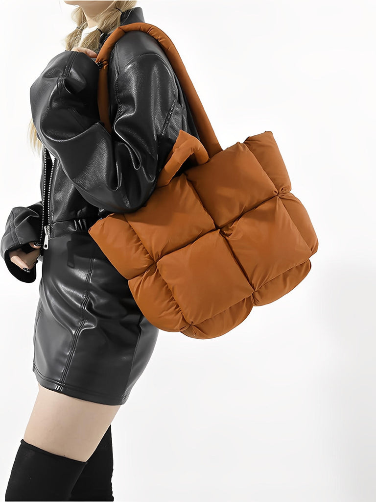 Sac à main matelassé oversize, sac cabas doudoune, fourré léger, sac épaule mode, sac shopping rembourré, modèle Solann - Sac à main - Camel