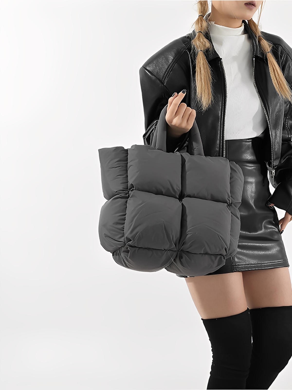 Sac à main matelassé oversize, sac cabas doudoune, fourré léger, sac épaule mode, sac shopping rembourré, modèle Solann - Sac à main - Gris