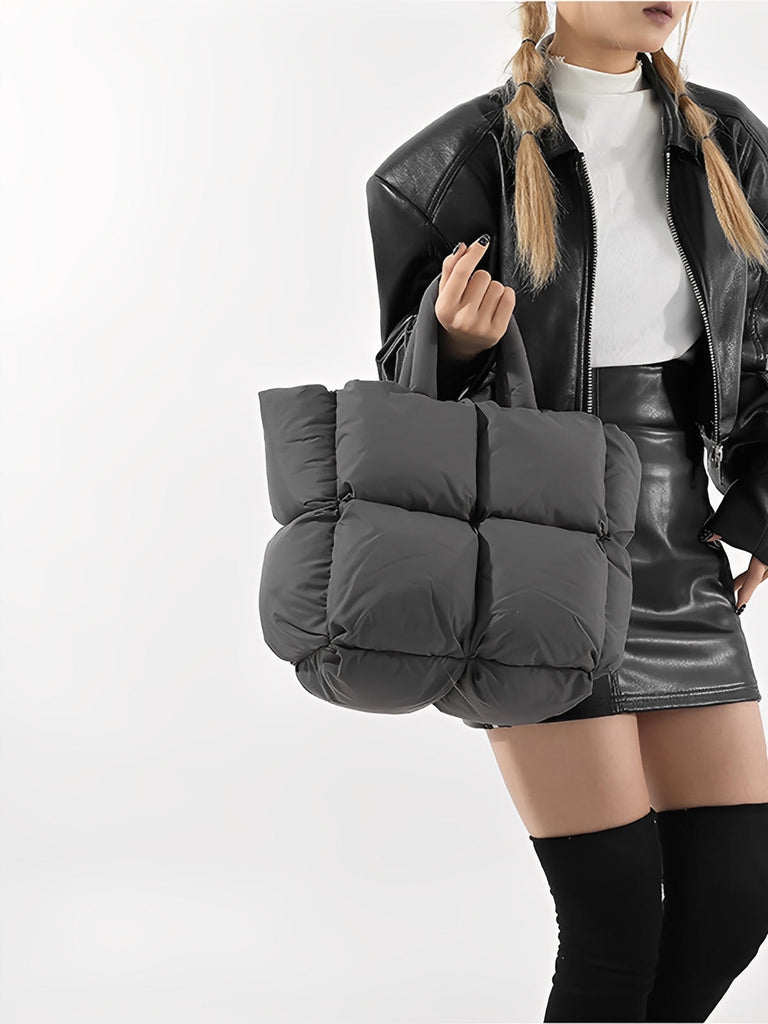 Sac à main matelassé oversize, sac cabas doudoune, fourré léger, sac épaule mode, sac shopping rembourré, modèle Solann - Sac à main - Gris