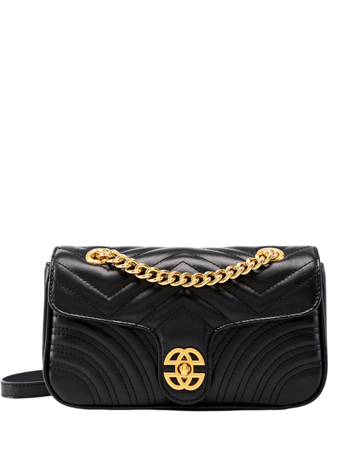 Sac à main noir matelassé, chaîne dorée, cuir lisse, rabat structuré forme rectangulaire, aspect luxe, chic, modèle Hemmy - Sac à main - Noir