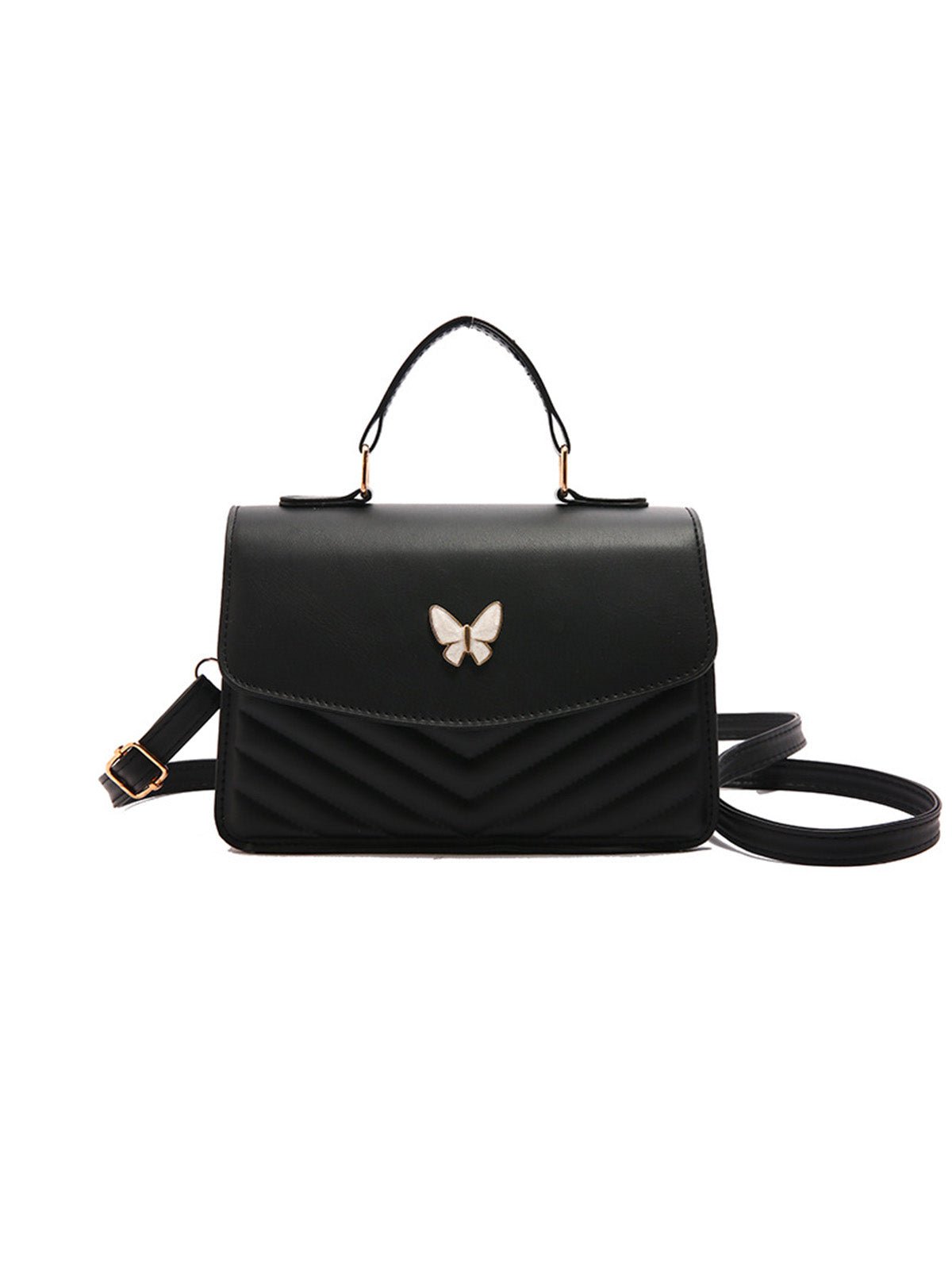 Sac à main papillon en simili vegan, sac bandoulière femme, sac porté épaule chic, petit sac rigide femme, sac rabat aimanté, modèle Barbara - Sac à main - Noir
