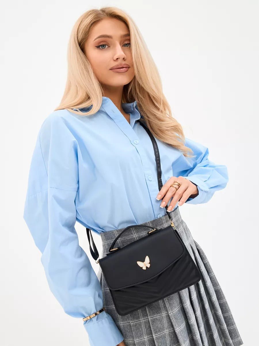 Sac à main papillon en simili vegan, sac bandoulière femme, sac porté épaule chic, petit sac rigide femme, sac rabat aimanté, modèle Barbara - Sac à main - Noir