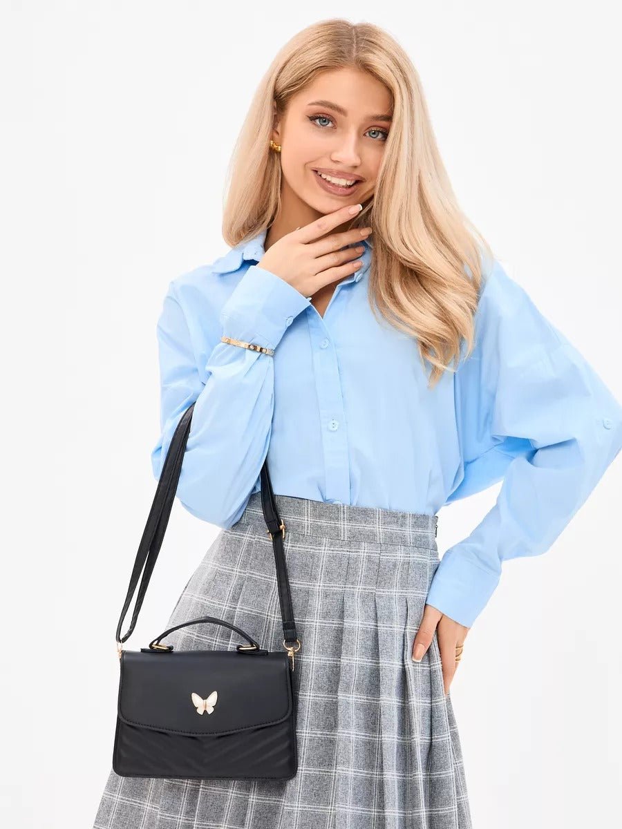 Sac à main papillon en simili vegan, sac bandoulière femme, sac porté épaule chic, petit sac rigide femme, sac rabat aimanté, modèle Barbara - Sac à main - Noir