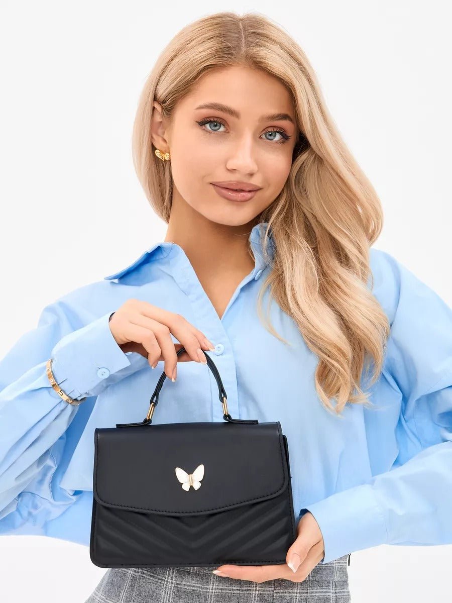 Sac à main papillon en simili vegan, sac bandoulière femme, sac porté épaule chic, petit sac rigide femme, sac rabat aimanté, modèle Barbara - Sac à main - Noir