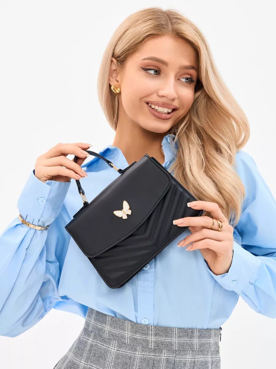 Sac à main papillon en simili vegan, sac bandoulière femme, sac porté épaule chic, petit sac rigide femme, sac rabat aimanté, modèle Barbara - Sac à main - Noir