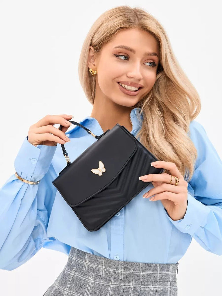 Sac à main papillon en simili vegan, sac bandoulière femme, sac porté épaule chic, petit sac rigide femme, sac rabat aimanté, modèle Barbara - Sac à main - Noir