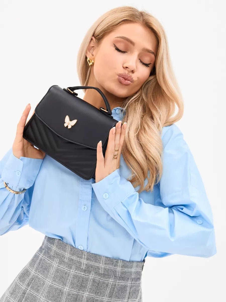 Sac à main papillon en simili vegan, sac bandoulière femme, sac porté épaule chic, petit sac rigide femme, sac rabat aimanté, modèle Barbara - Sac à main - Noir