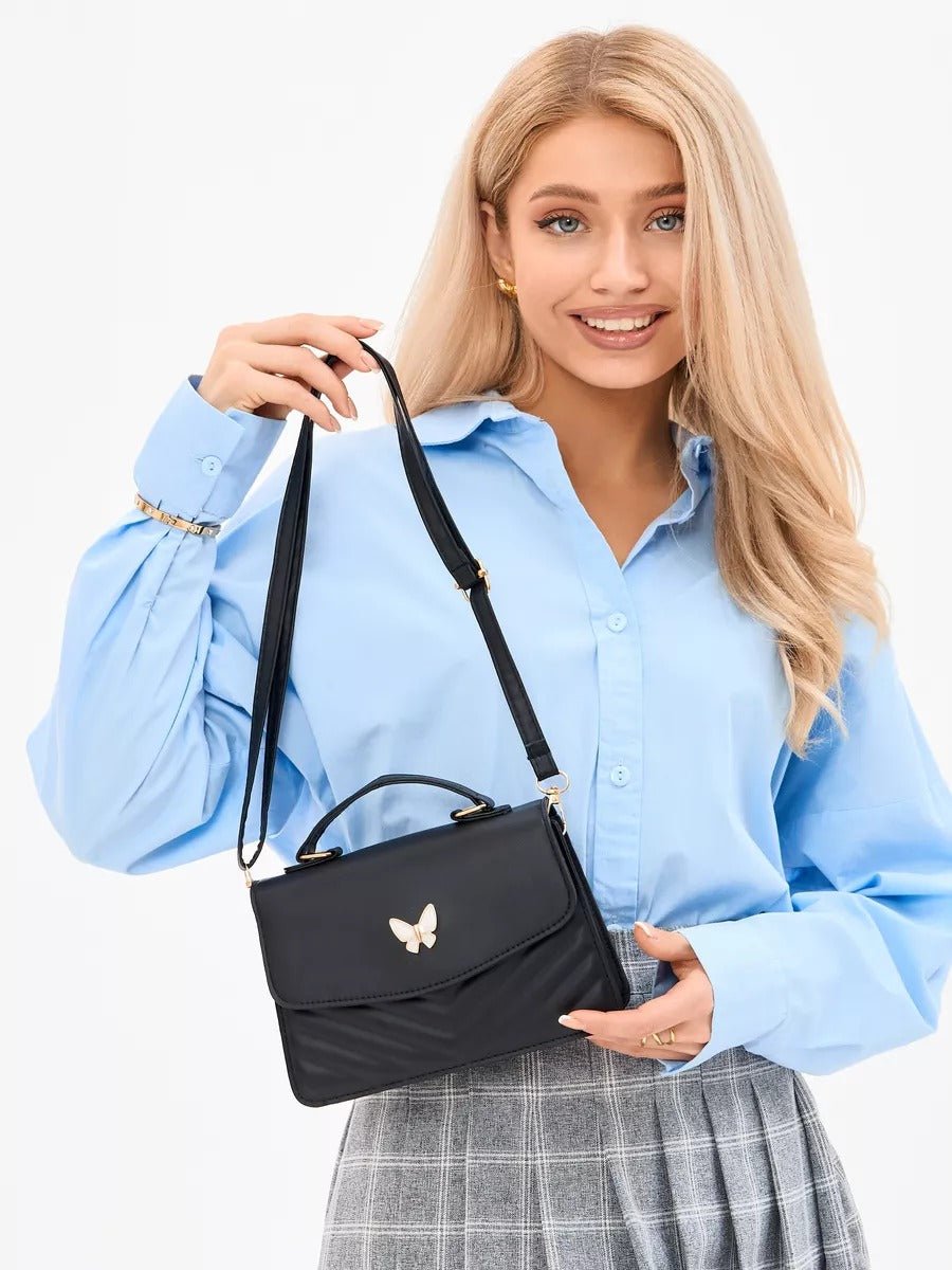 Sac à main papillon en simili vegan, sac bandoulière femme, sac porté épaule chic, petit sac rigide femme, sac rabat aimanté, modèle Barbara - Sac à main - Noir