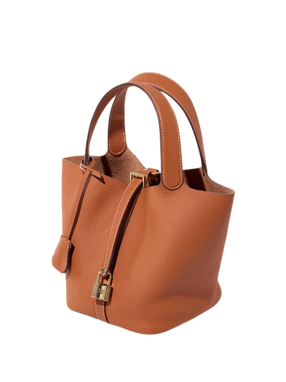Sac à main seau en cuir, sac main femme, cabas luxe quotidien, sac cadenas, sac mode chic, modèle Elcia - Sac à main - Marron