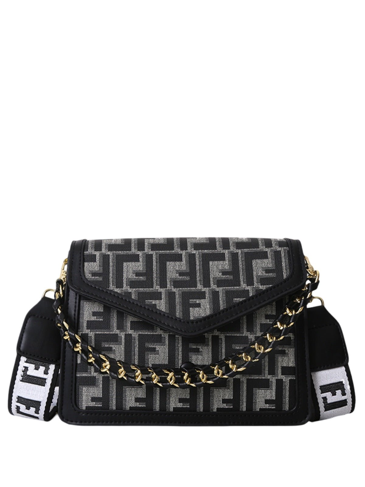 Sac à main style luxe, chaîne dorée, petit format, logo géométrique, fermeture magnétique, tissu enduit, anses réglables, modèle Fandy - Sac à main - Gris
