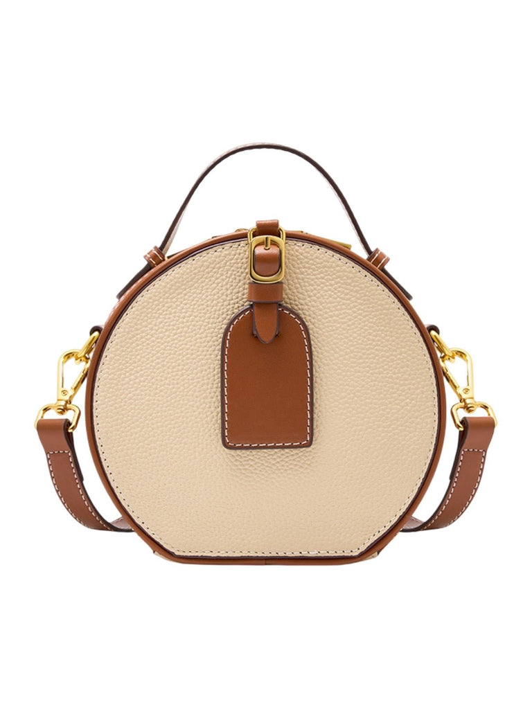 Sac à main style luxe, rond cuir noir camel, mini sac bandoulière, sac rigide à main, sac zippé design, sac compact chic femme, modèle Margine - Sac à main - Blanc
