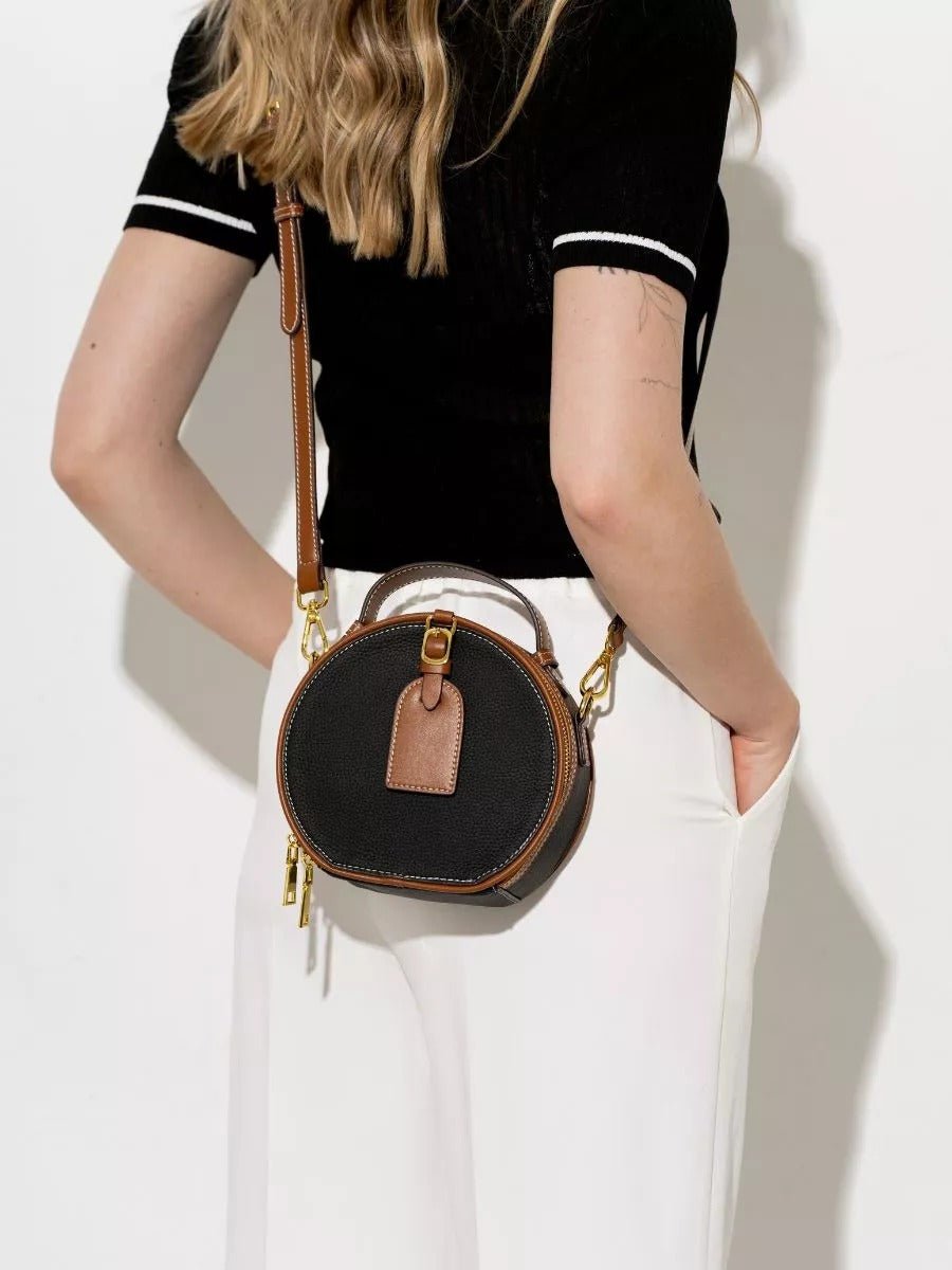 Sac à main style luxe, rond cuir noir camel, mini sac bandoulière, sac rigide à main, sac zippé design, sac compact chic femme, modèle Margine - Sac à main - Noir