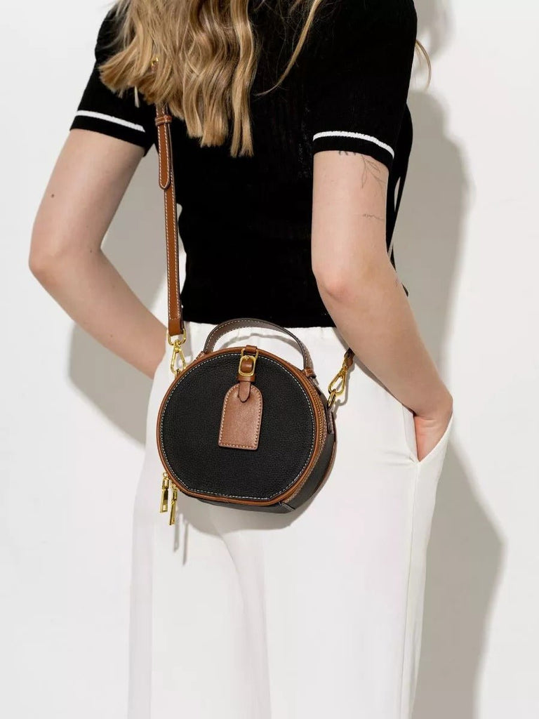 Sac à main style luxe, rond cuir noir camel, mini sac bandoulière, sac rigide à main, sac zippé design, sac compact chic femme, modèle Margine - Sac à main - Noir