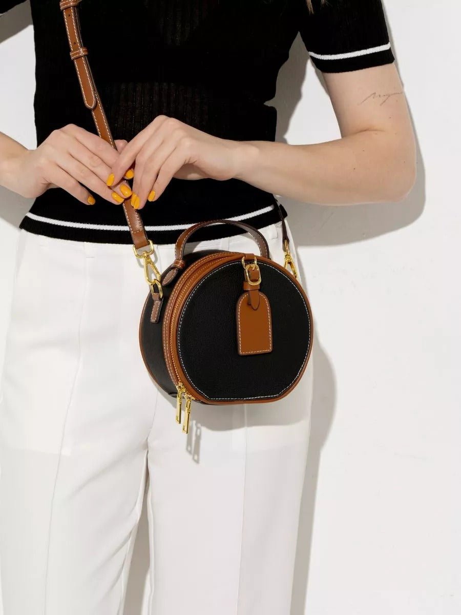 Sac à main style luxe, rond cuir noir camel, mini sac bandoulière, sac rigide à main, sac zippé design, sac compact chic femme, modèle Margine - Sac à main - Noir