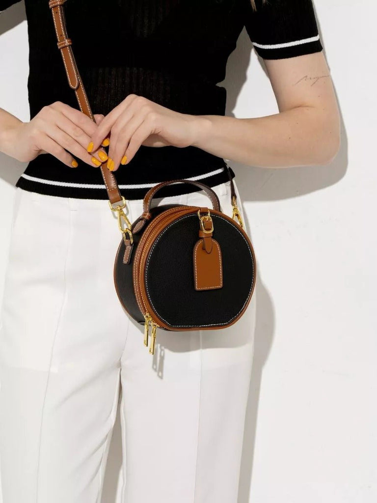 Sac à main style luxe, rond cuir noir camel, mini sac bandoulière, sac rigide à main, sac zippé design, sac compact chic femme, modèle Margine - Sac à main - Noir