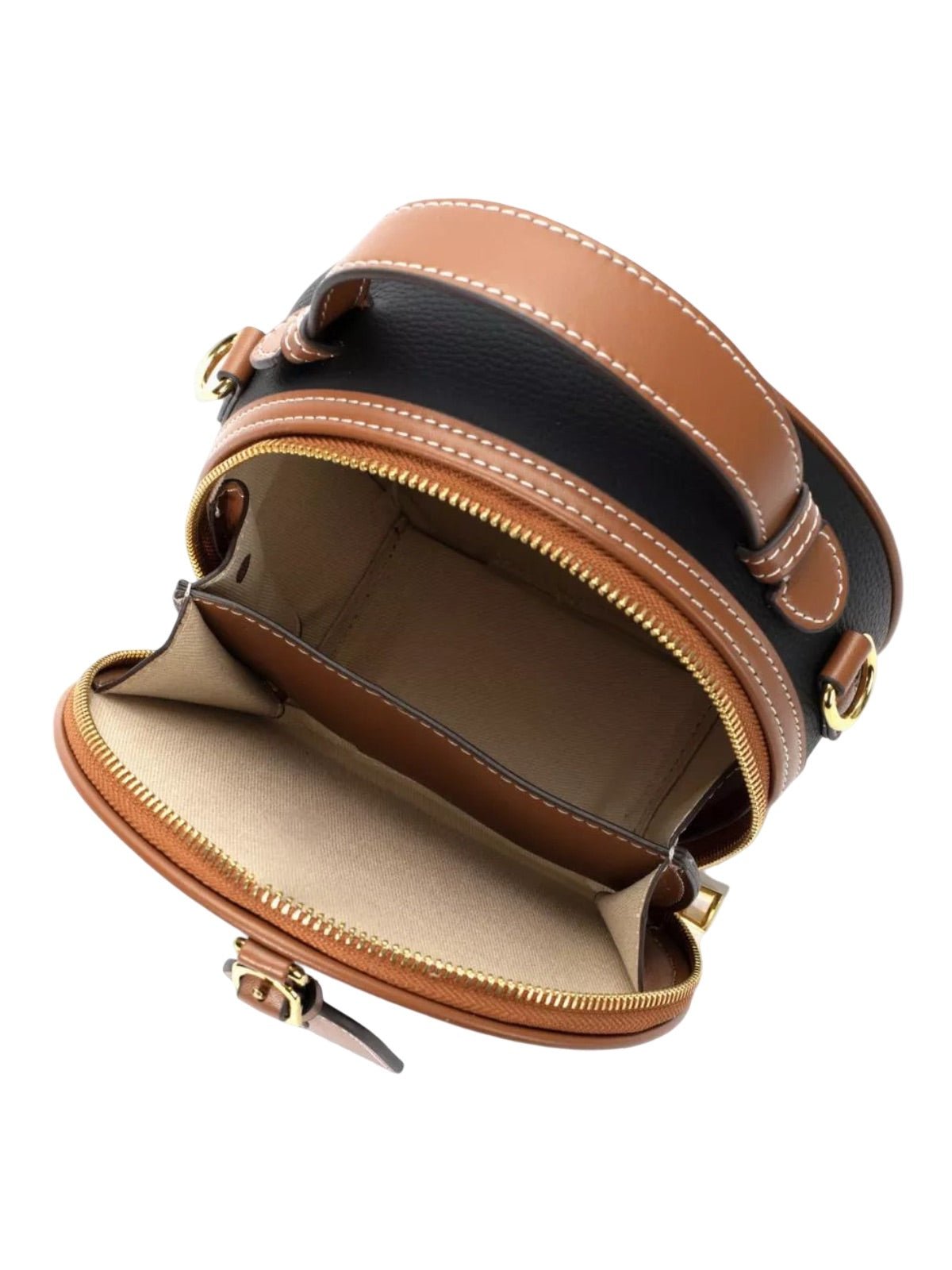Sac à main style luxe, rond cuir noir camel, mini sac bandoulière, sac rigide à main, sac zippé design, sac compact chic femme, modèle Margine - Sac à main - Noir