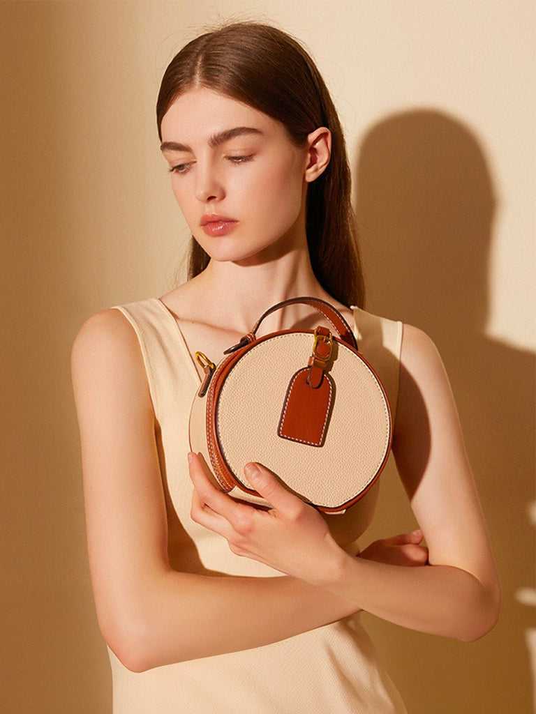 Sac à main style luxe, rond cuir noir camel, mini sac bandoulière, sac rigide à main, sac zippé design, sac compact chic femme, modèle Margine - Sac à main - Blanc
