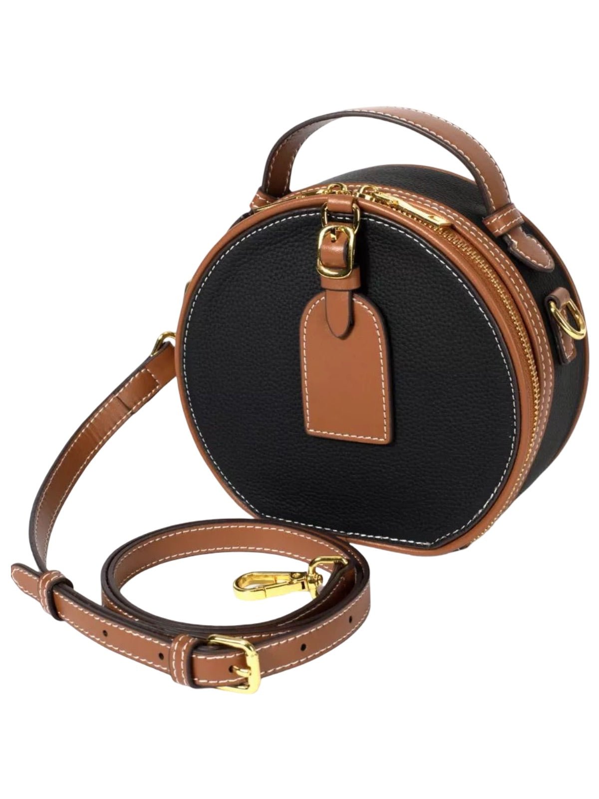 Sac à main style luxe, rond cuir noir camel, mini sac bandoulière, sac rigide à main, sac zippé design, sac compact chic femme, modèle Margine - Sac à main - Noir