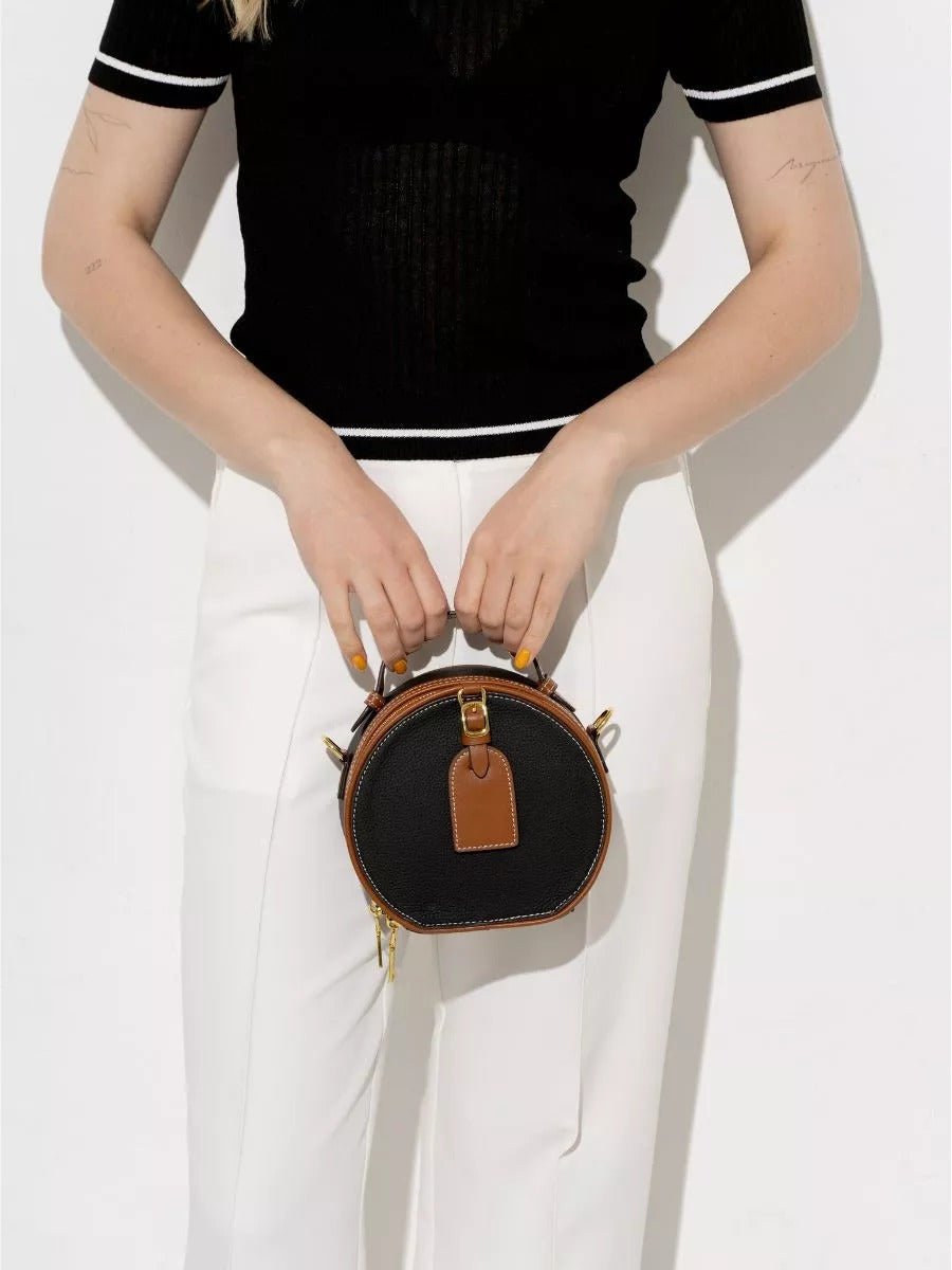 Sac à main style luxe, rond cuir noir camel, mini sac bandoulière, sac rigide à main, sac zippé design, sac compact chic femme, modèle Margine - Sac à main - Noir