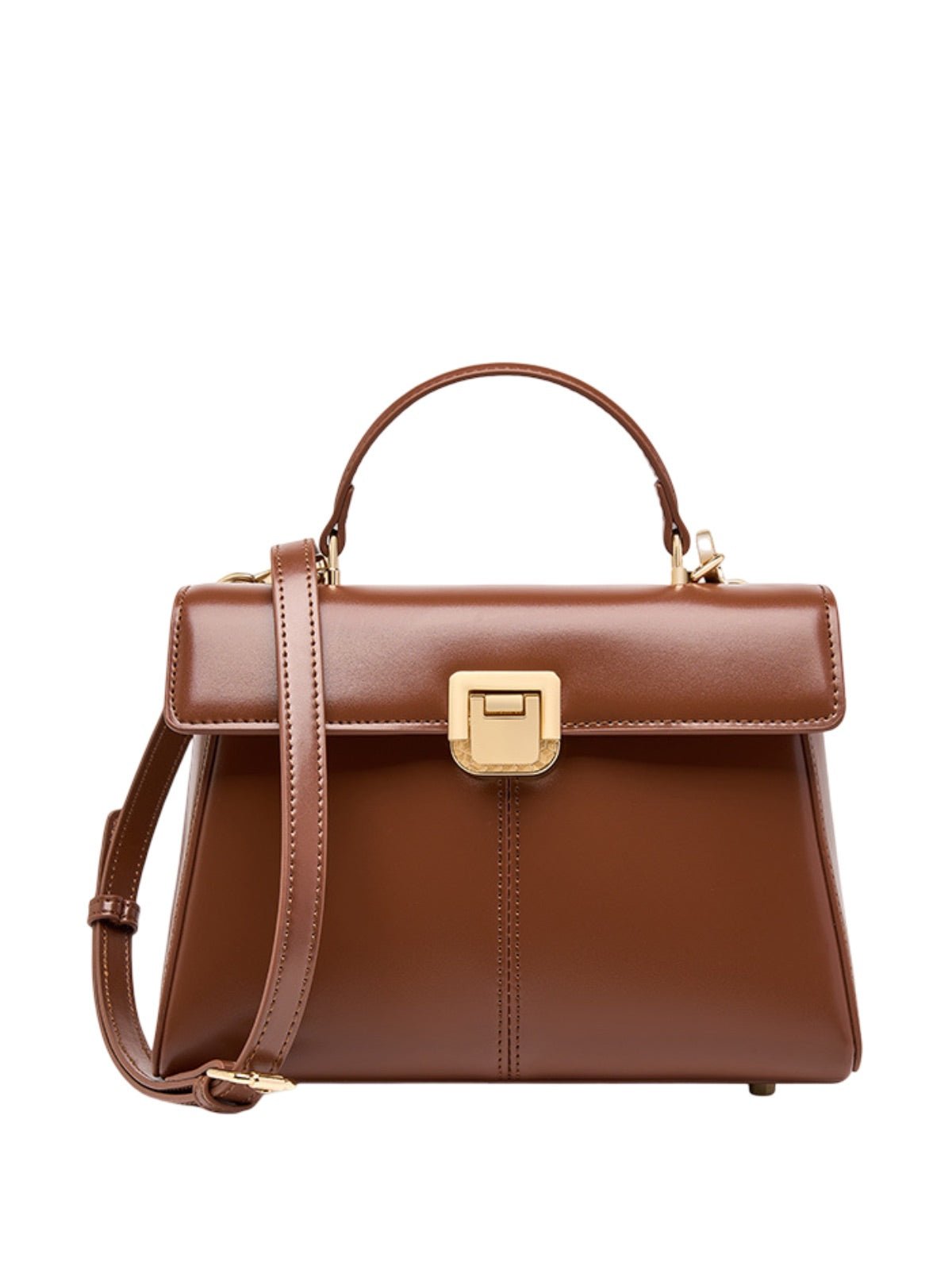 Sac à main trapèze en cuir, sac à main rigide, sac bandoulière amovible, sac fermeture à rabat, sac femme format moyen, modèle Fodiane - Sac à main - Marron