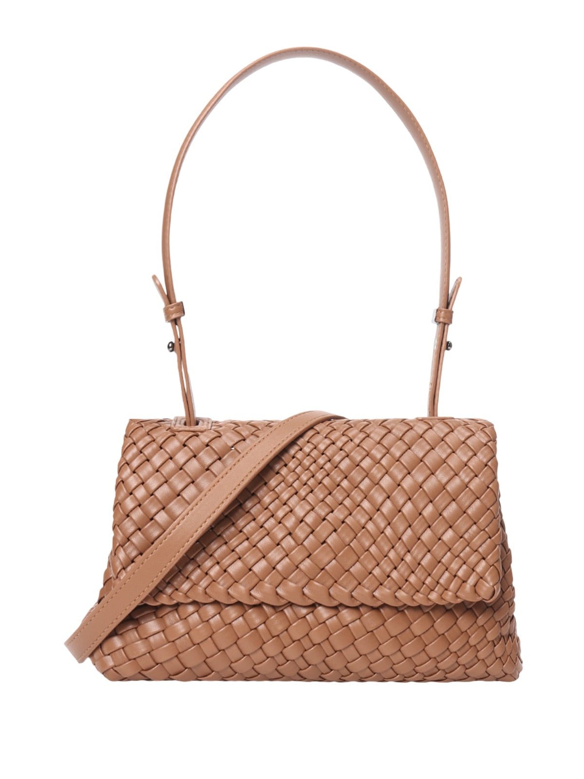Sac à main tressé, format moyen, porté épaule ou main, simili vegan marron, rabat aimanté, modèle Cherifa - Sac à main - Camel