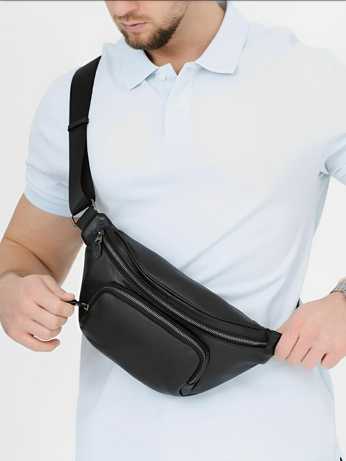 Sac banane en cuir mixte, multiple compartiments, poche sécurisée, au design urbain, modèle Eudoxe - Sacoche - Noire