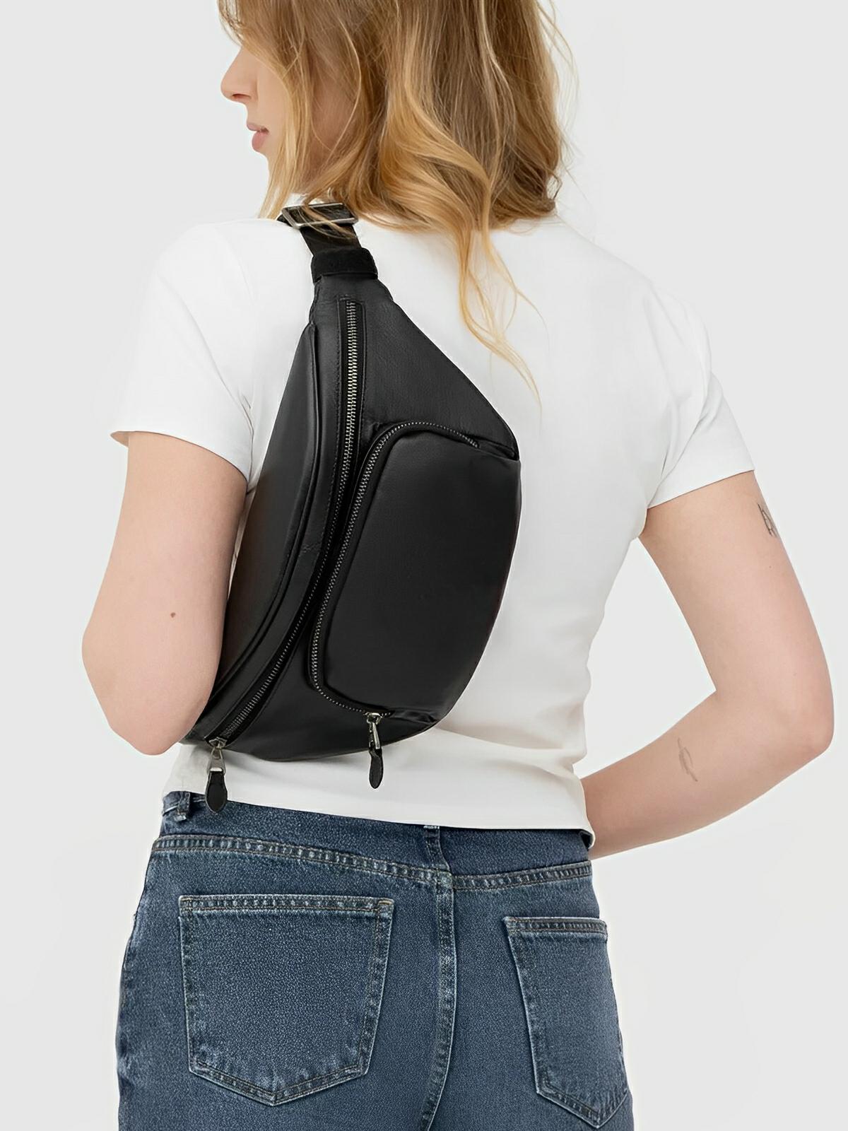 Sac banane en cuir mixte, multiple compartiments, poche sécurisée, au design urbain, modèle Eudoxe - Sacoche - Noire