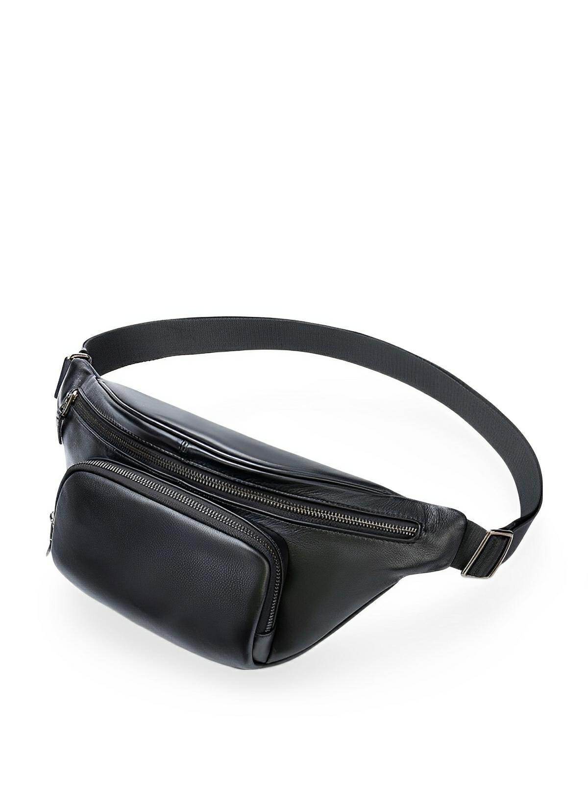 Sac banane en cuir mixte, multiple compartiments, poche sécurisée, au design urbain, modèle Eudoxe - Sacoche - Noire
