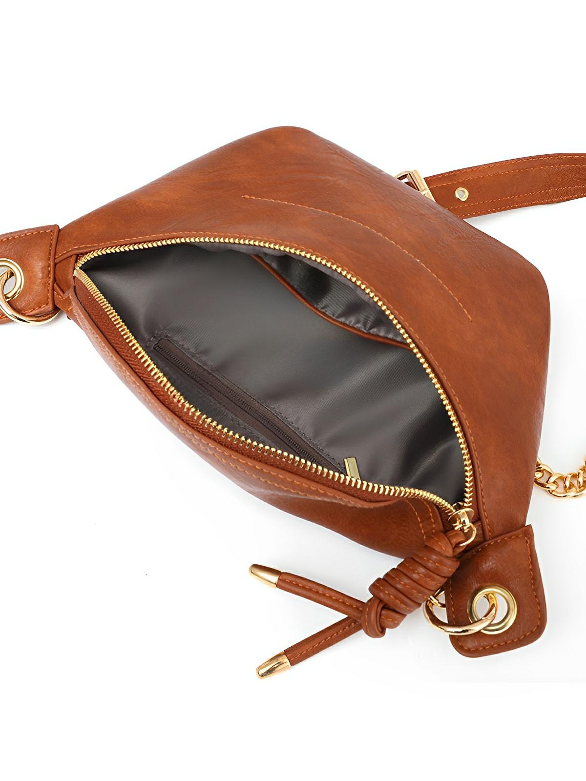 Sac banane femme rétro, simili vegan, bandoulière chaîne, compact et pratique, idéal pour le quotidien, modèle Tonyah - Sacoche - Marron