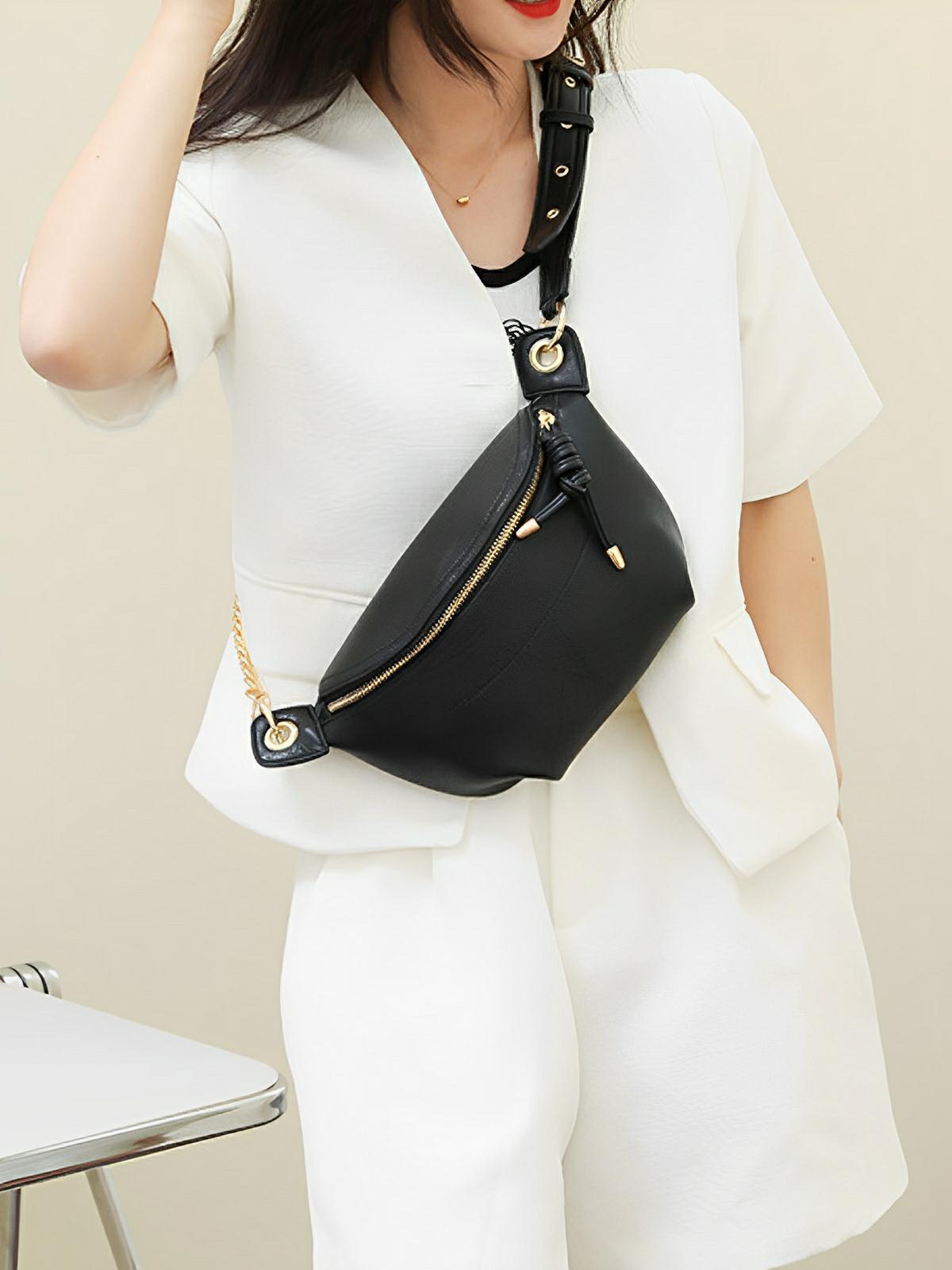 Sac banane femme rétro, simili vegan, bandoulière chaîne, compact et pratique, idéal pour le quotidien, modèle Tonyah - Sacoche - Noire
