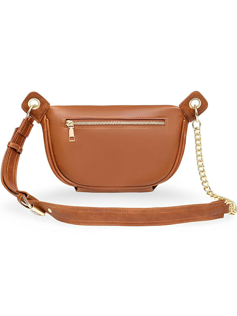 Sac banane femme rétro, simili vegan, bandoulière chaîne, compact et pratique, idéal pour le quotidien, modèle Tonyah - Sacoche - Marron