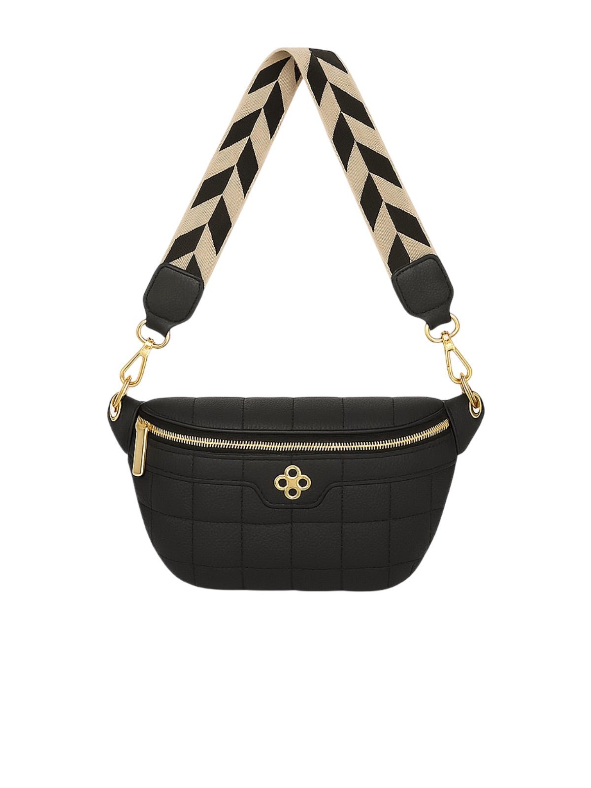Sac banane femme, sacoche épaule, cuir vegan matelassé, anse réglable, fermeture zippée, style géométrique, modèle Elmire - Sacoche - Noir