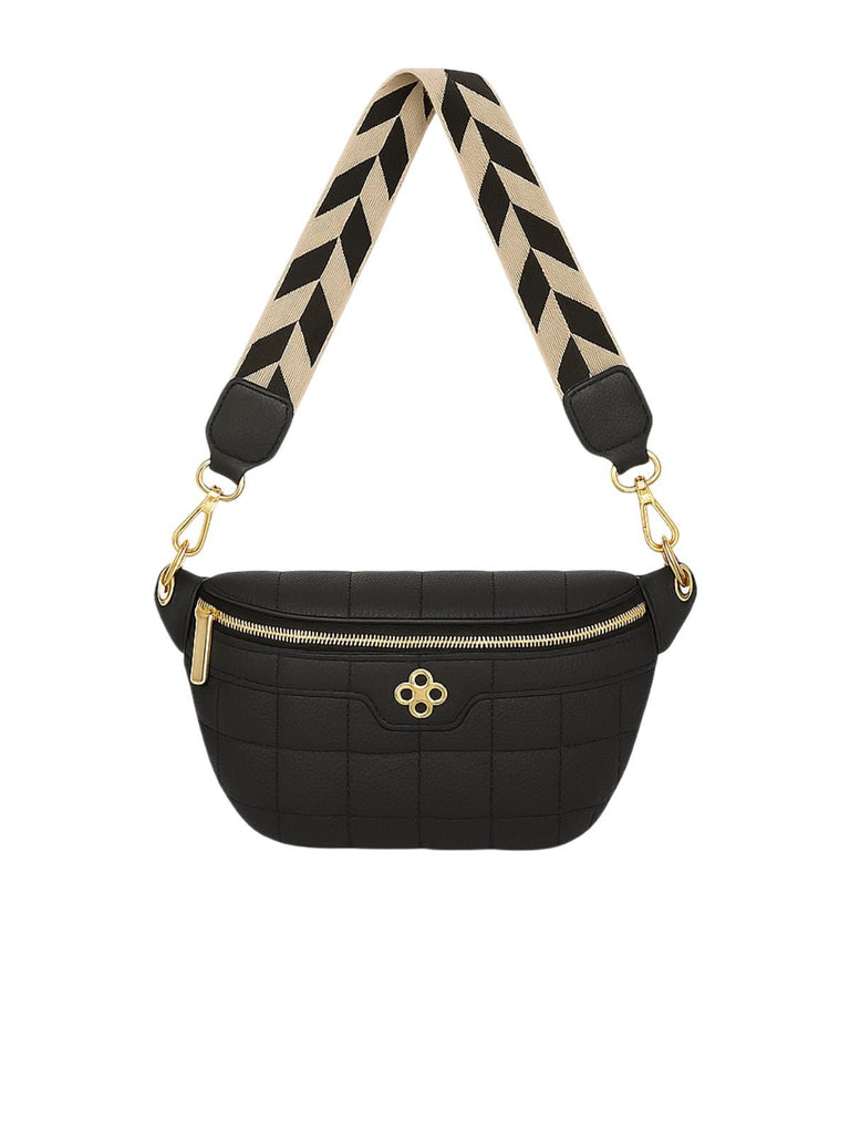 Sac banane femme, sacoche épaule, cuir vegan matelassé, anse réglable, fermeture zippée, style géométrique, modèle Elmire - Sacoche - Noir