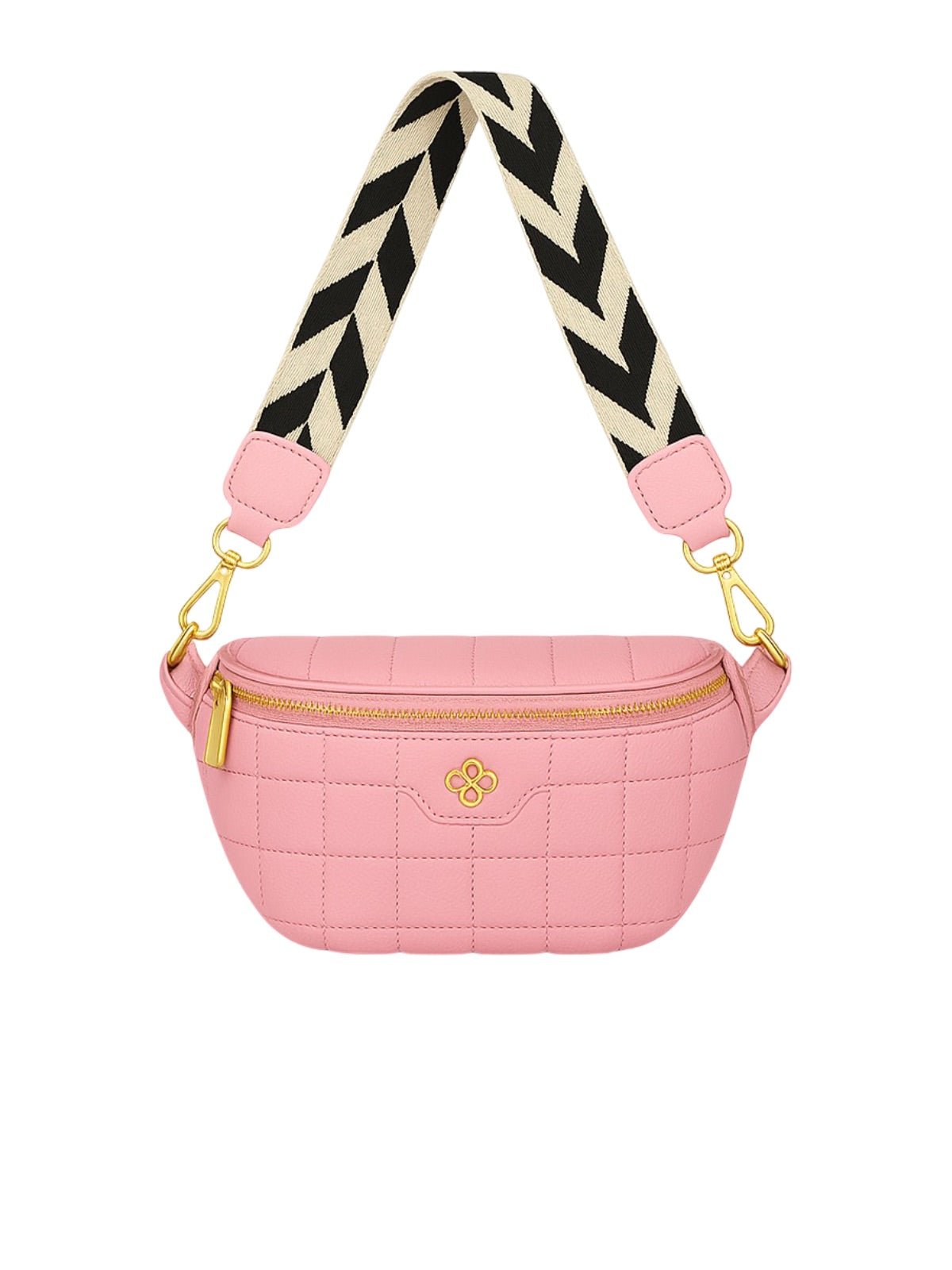 Sac banane femme, sacoche épaule, cuir vegan matelassé, anse réglable, fermeture zippée, style géométrique, modèle Elmire - Sacoche - Rose