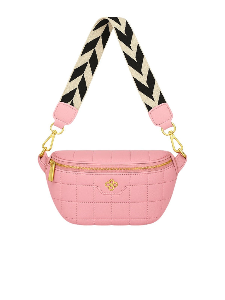 Sac banane femme, sacoche épaule, cuir vegan matelassé, anse réglable, fermeture zippée, style géométrique, modèle Elmire - Sacoche - Rose
