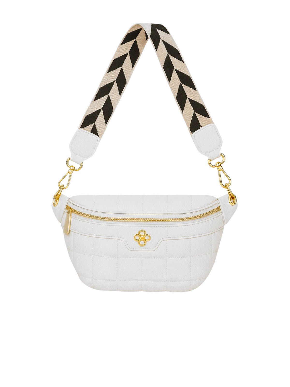 Sac banane femme, sacoche épaule, cuir vegan matelassé, anse réglable, fermeture zippée, style géométrique, modèle Elmire - Sacoche - Blanc