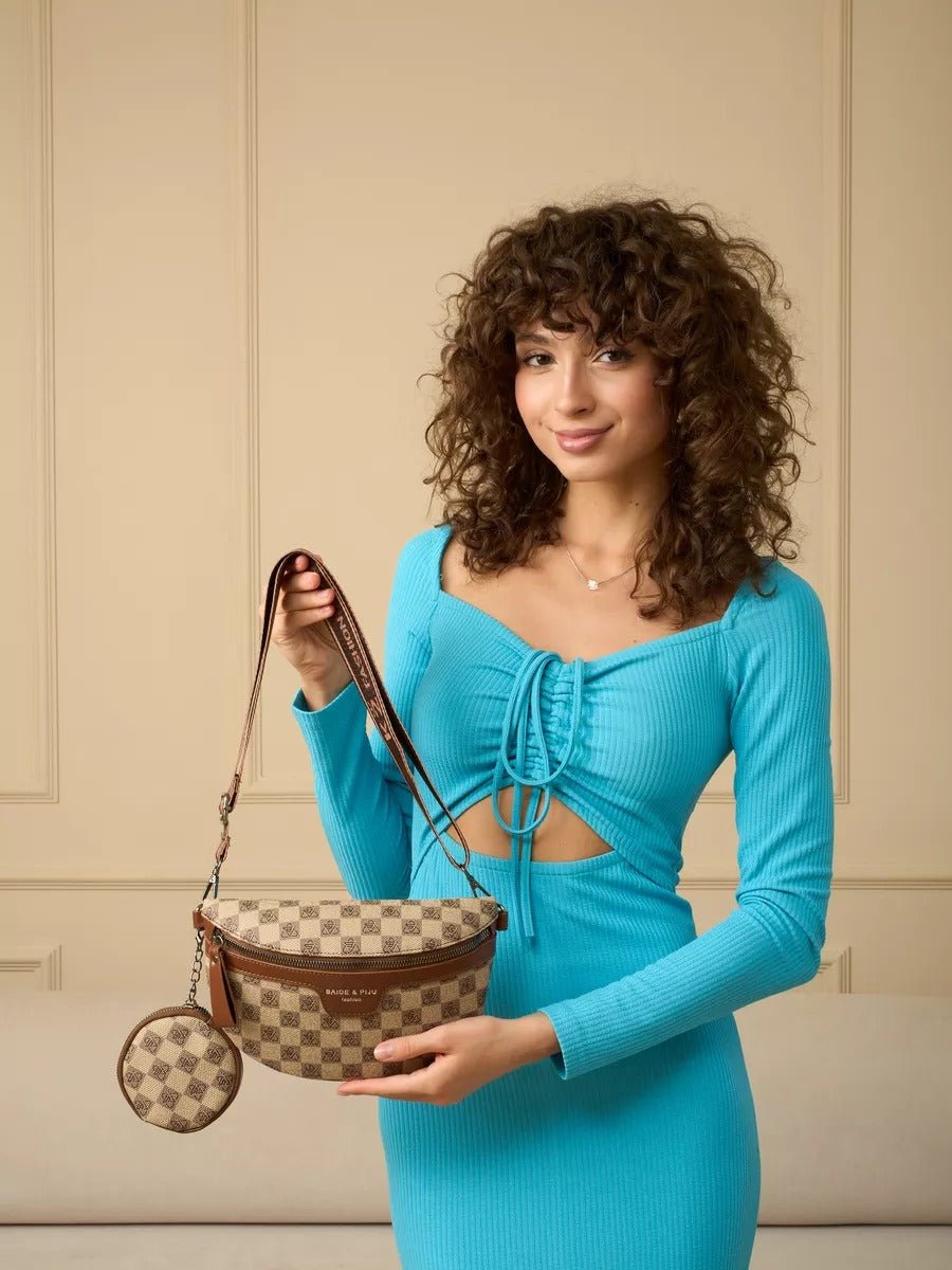 Sac banane femme, sacoche poitrine imperméable, bandoulière réglable, petit format pratique, à motif quadrillé, modèle Athalie - Sacoche - Gris