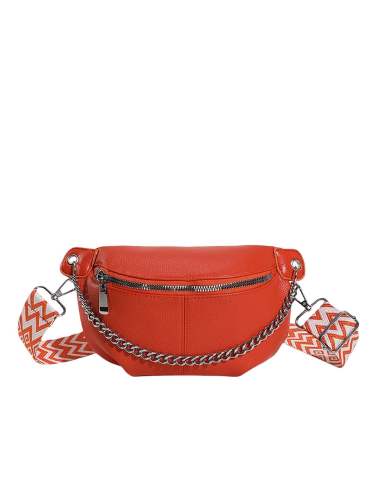 Sac banane femme simili vegan grainé, bandoulière réglable, chaîne métal, pochette zippée, sac porté épaule, modèle Hawise - Sacoche - Orange