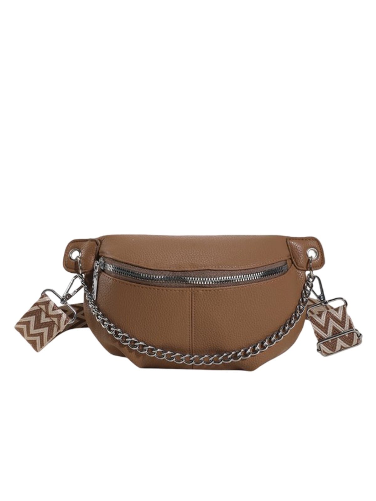 Sac banane femme simili vegan grainé, bandoulière réglable, chaîne métal, pochette zippée, sac porté épaule, modèle Hawise - Sacoche - Camel