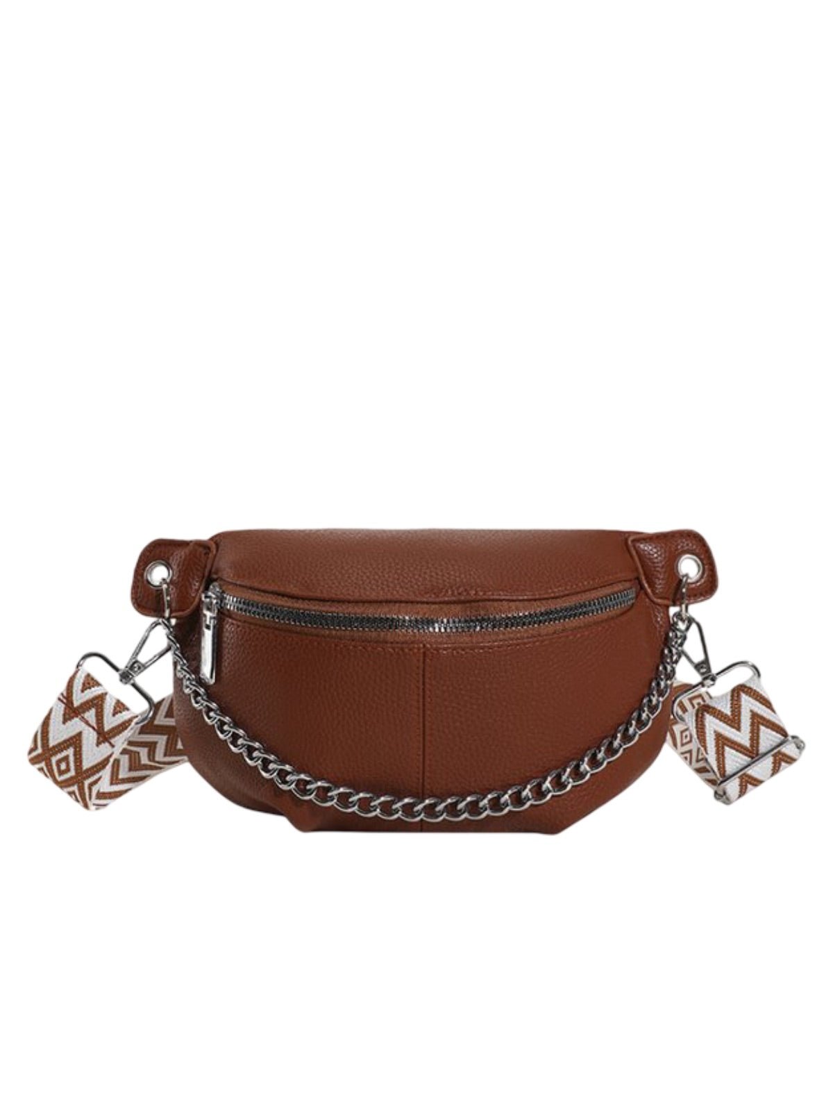 Sac banane femme simili vegan grainé, bandoulière réglable, chaîne métal, pochette zippée, sac porté épaule, modèle Hawise - Sacoche - Marron