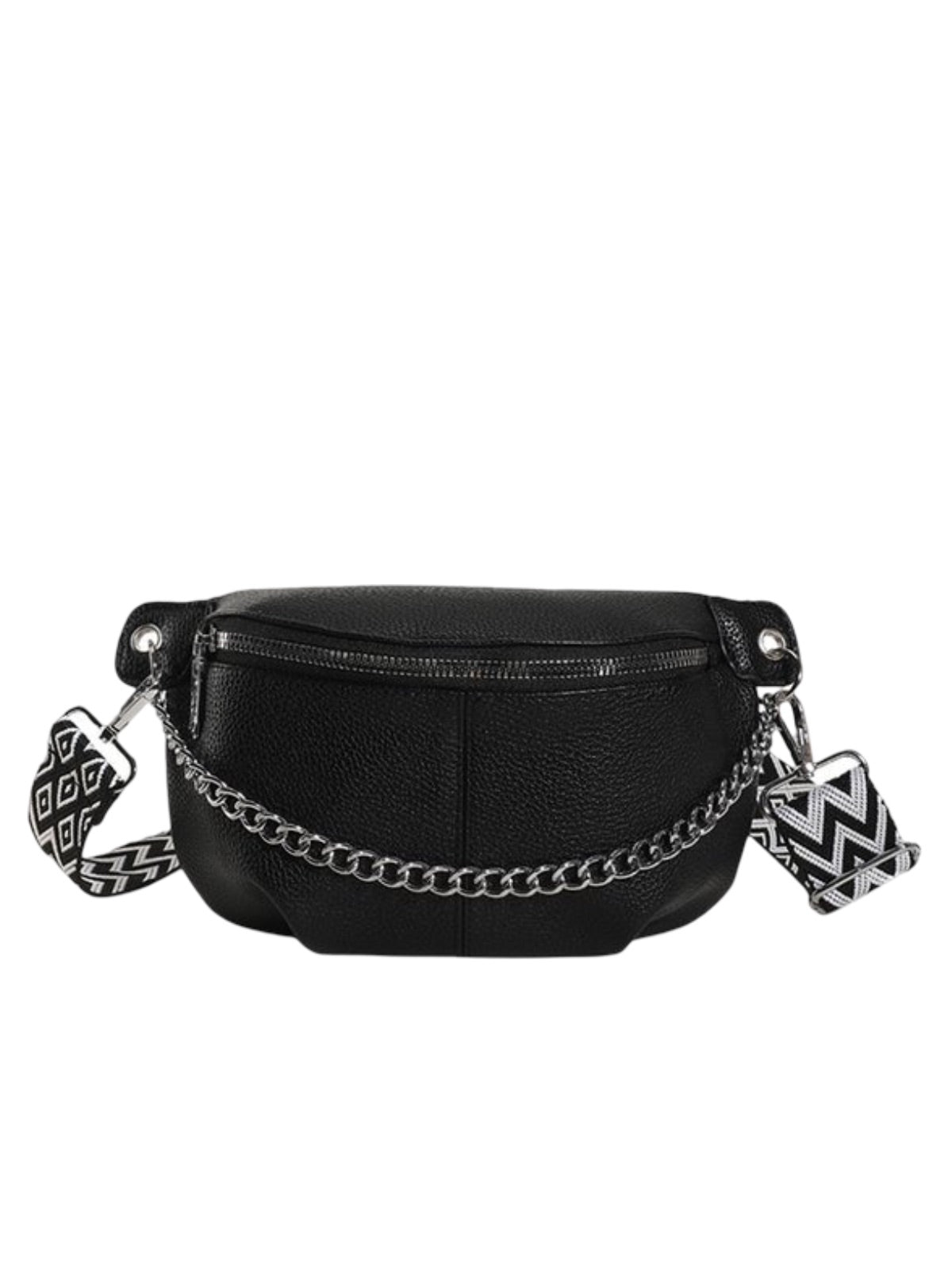 Sac banane femme simili vegan grainé, bandoulière réglable, chaîne métal, pochette zippée, sac porté épaule, modèle Hawise - Sacoche - Noir