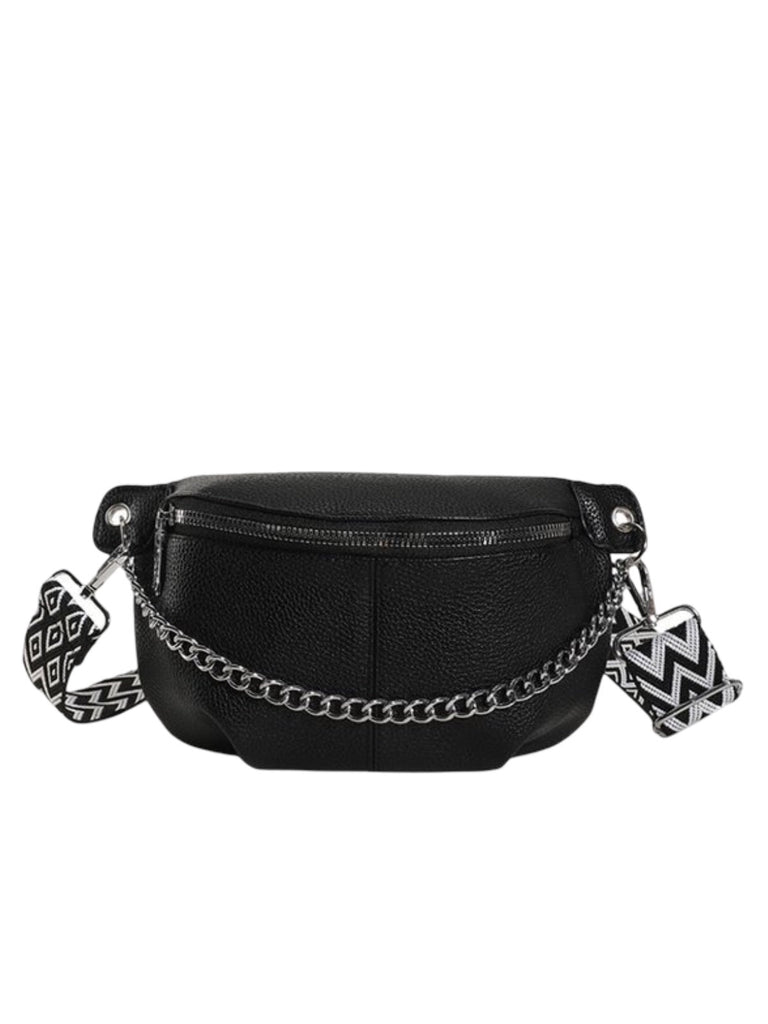 Sac banane femme simili vegan grainé, bandoulière réglable, chaîne métal, pochette zippée, sac porté épaule, modèle Hawise - Sacoche - Noir